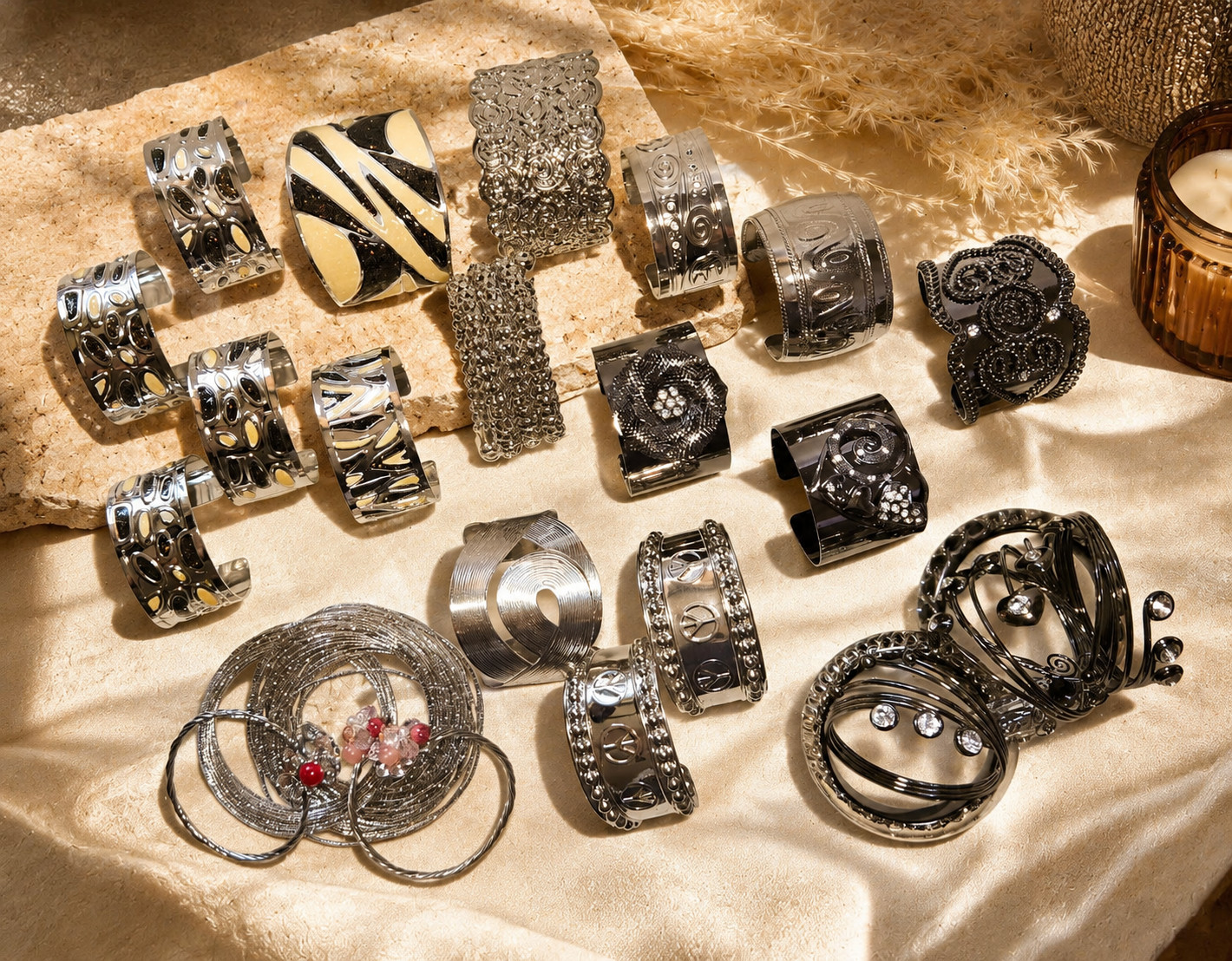 Bulk 24 Pcs Silver Tone Metal Cuff Bangles Bracelets Mixed Styles Wholesale