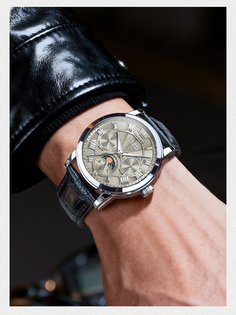 OLEVS Moon Phase Automatic Mechanical Men Watch Self-wind Skeleton Leather Band