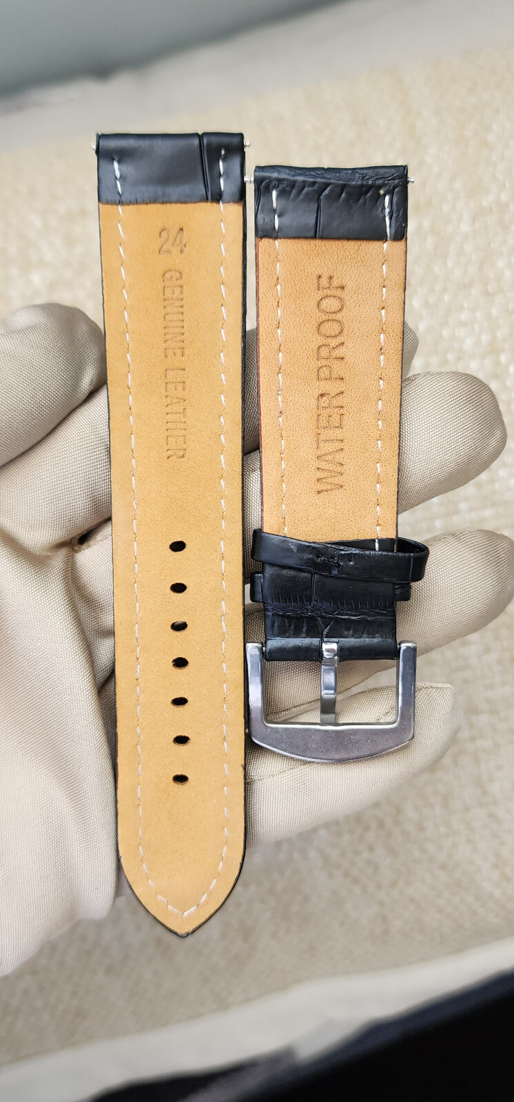 Men Extra Long 8.5″ 24mm Black Genuine Aligator Grain Leather Watch Band Strap