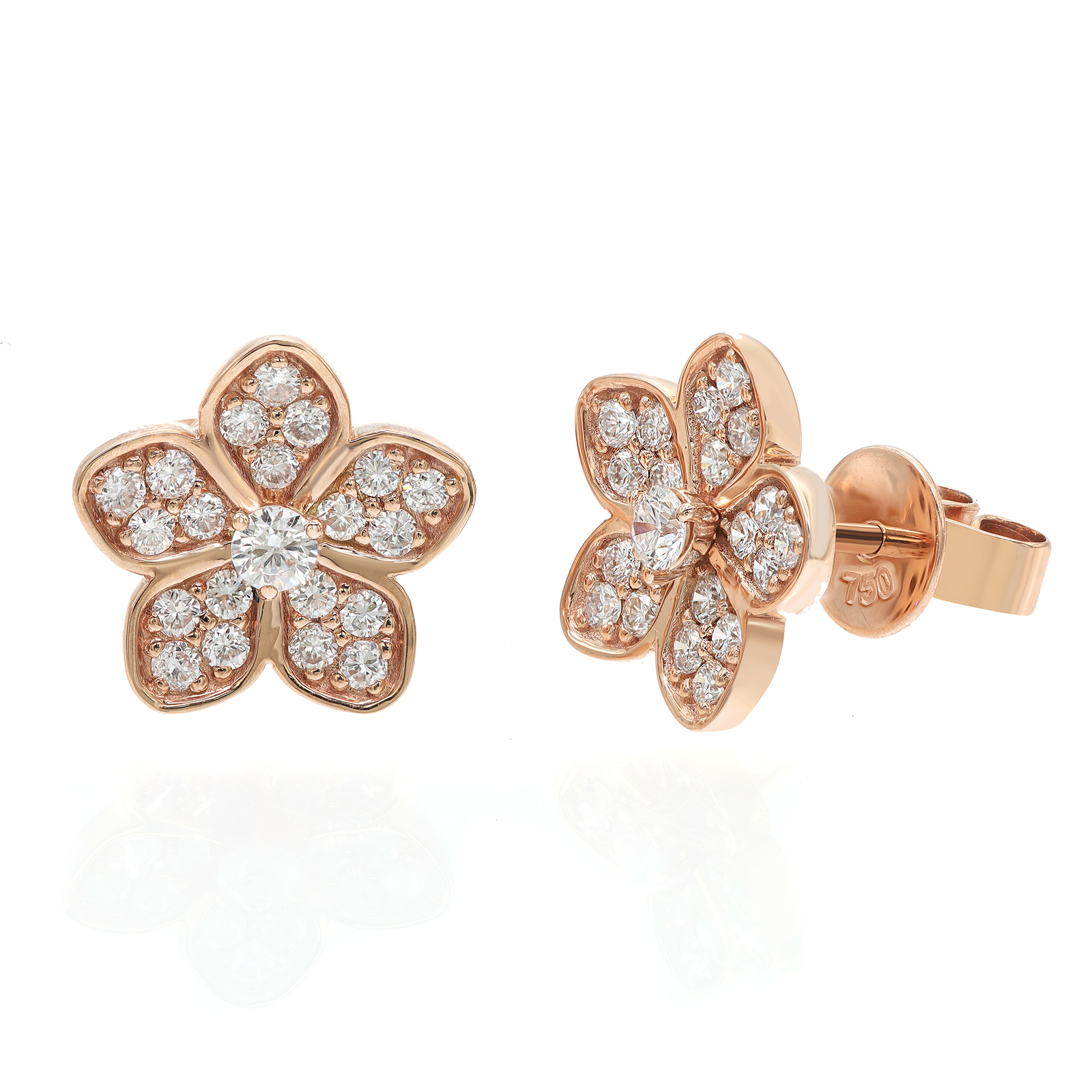 Pave Set Round Cut Diamond Flower Stud Earrings 18K Rose Gold 0.52Cttw