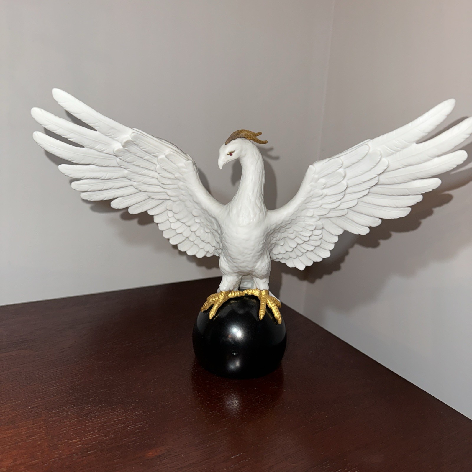 Vintage Phoenix Bird Porcelain Figurine 8.5” Hand Painted 24k Gold. Ruby Eyes