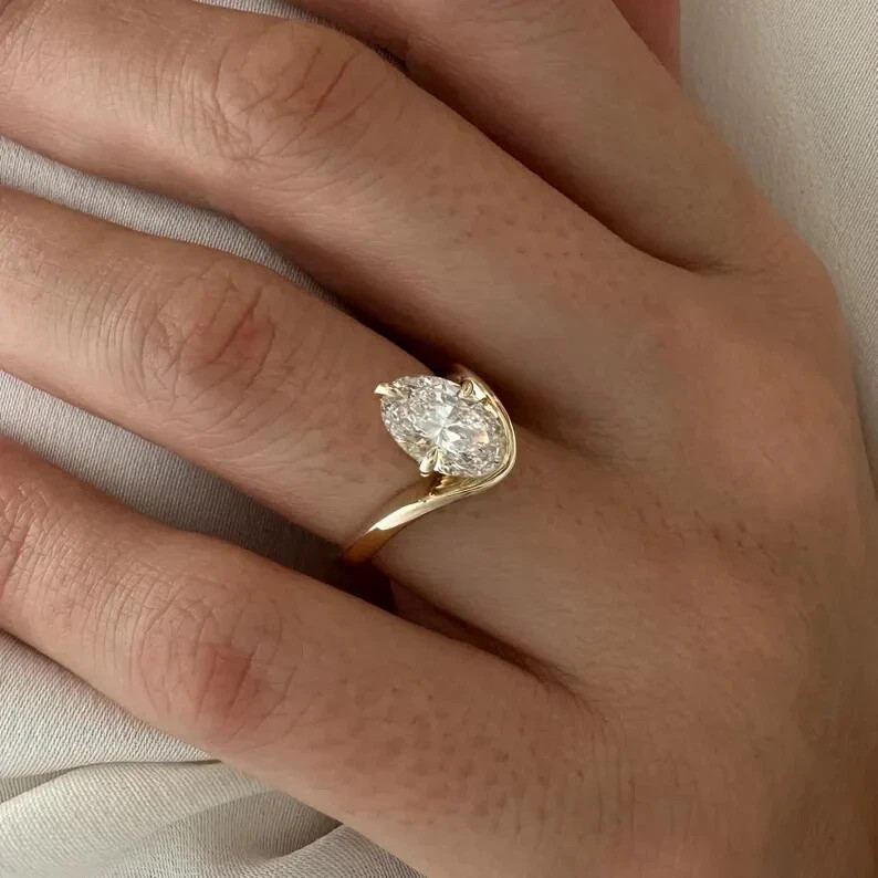Women Diamond Ring Lab Grown 2 Ct Oval Cut 14k Yellow Gold IGI Certified VVS E F