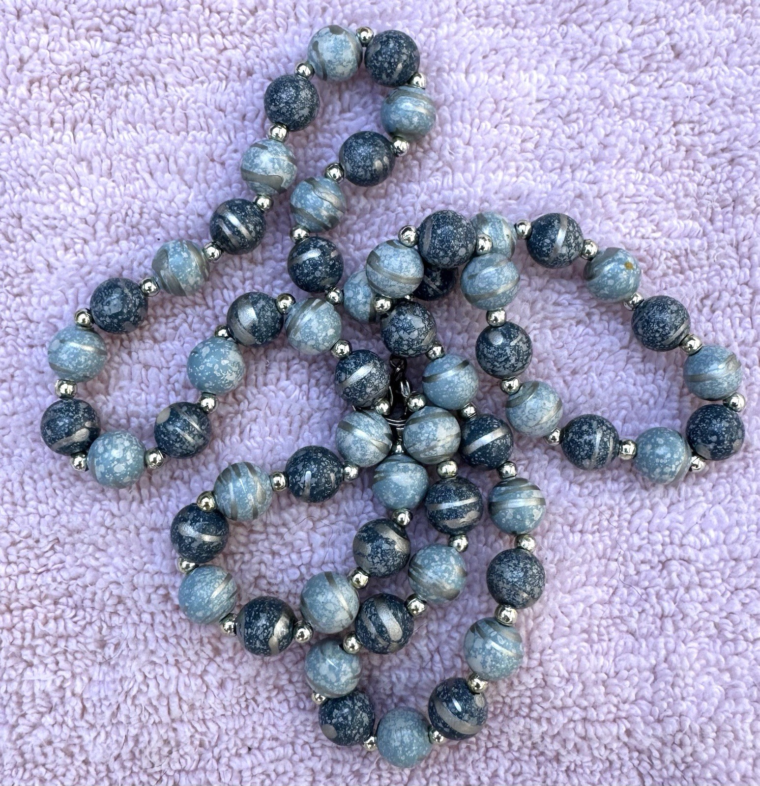 Gray & Blue Round Stone Beaded Necklace Ball/Bead Chain Statement Style