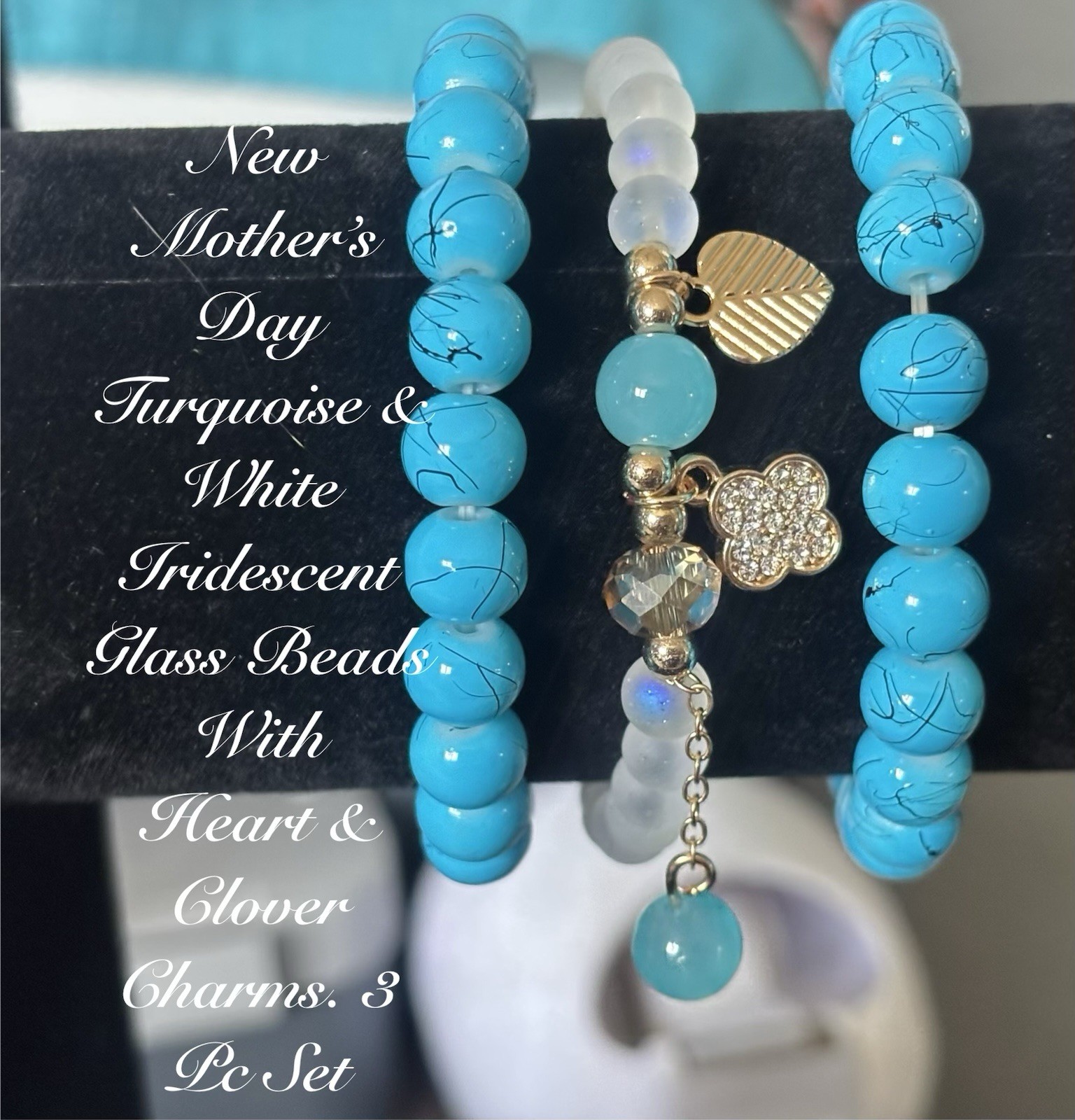 NEW MOTHERS DAY TURQUOISE WHT IRIDESCENT GLASS BEADS HEART & CLOVER CHARMS 3 PC
