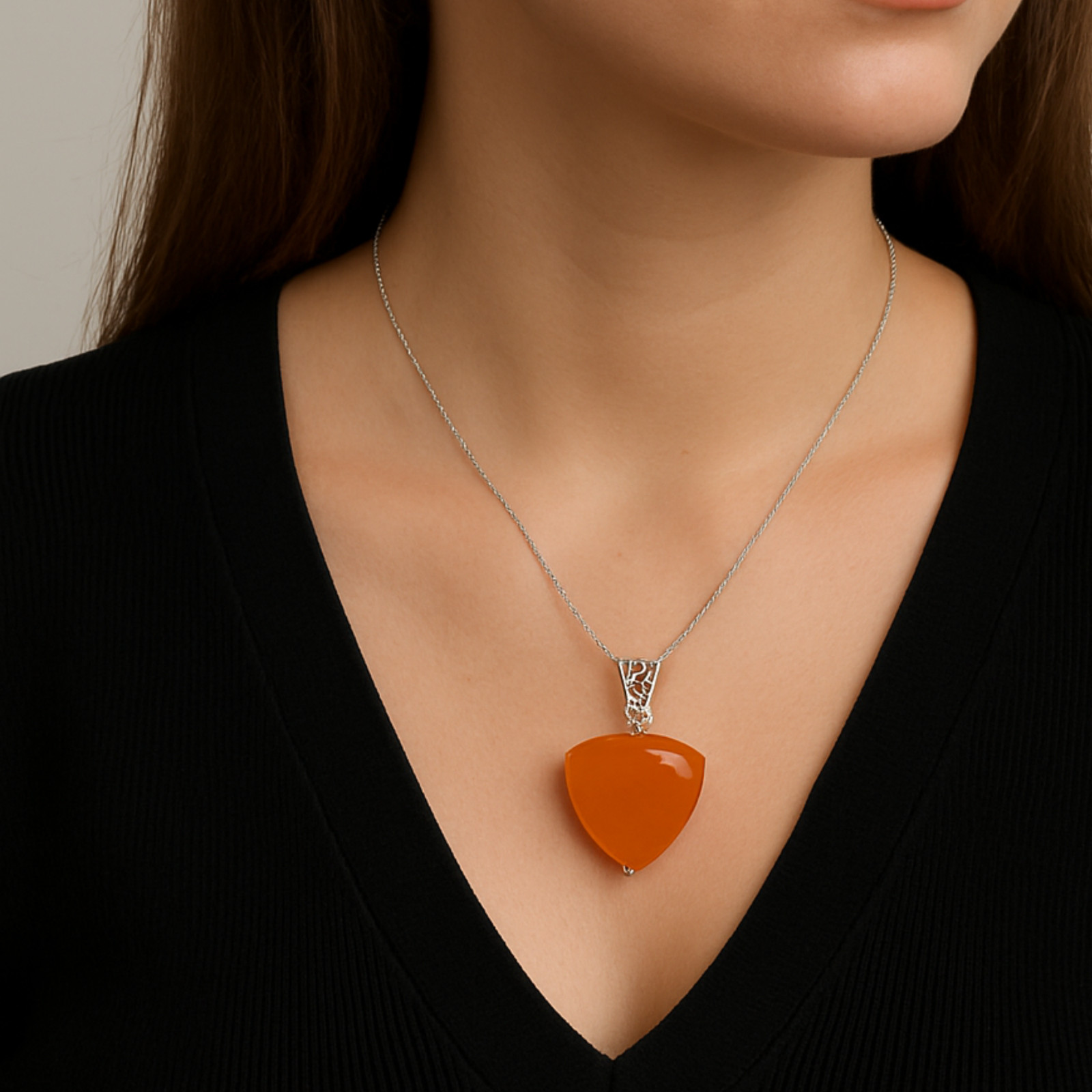 Handmade Trillion Cut Orange Opal Pendant with Free Silver Chain | 70-80 Carats