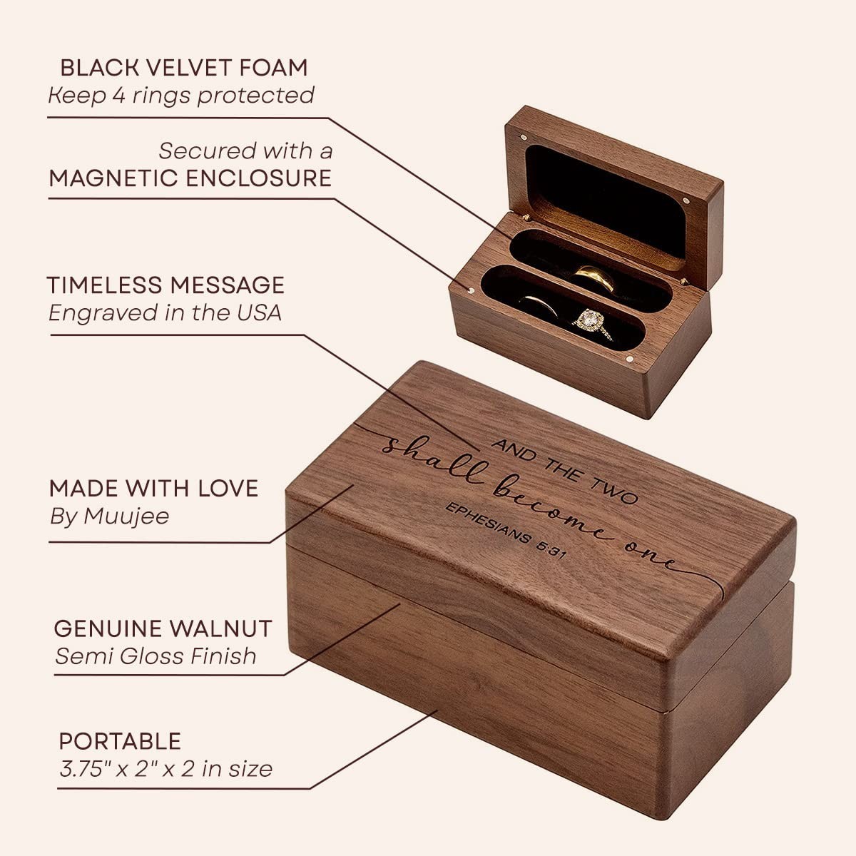 Engraved Wooden Quad Ring Box for Wedding, Anniversary, Birthday & Valentine’s G