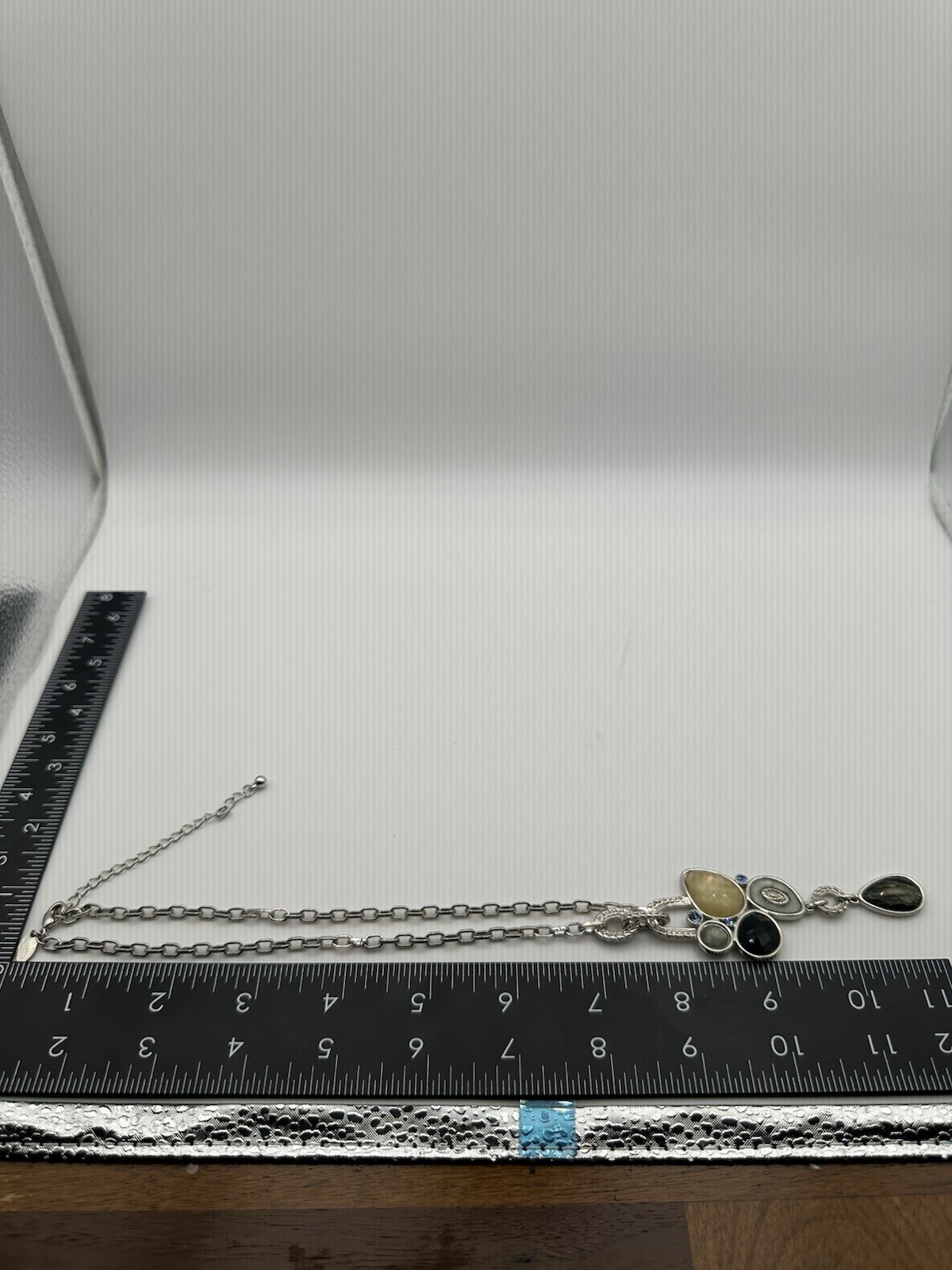 Lia Sophia Silver Tone Cable Chain Teardrop Crystal Charm Pendant Signed