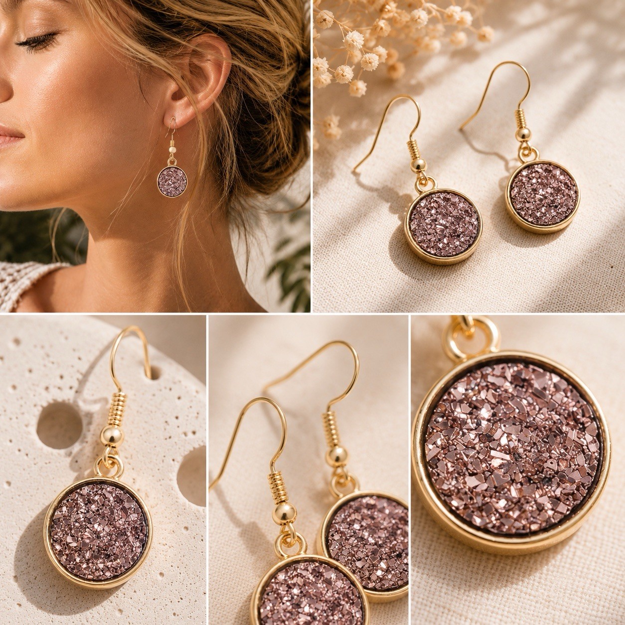 Coffee brown Druzy Resin Dangle Earrings, Gold Tone Minimalist Jewelry