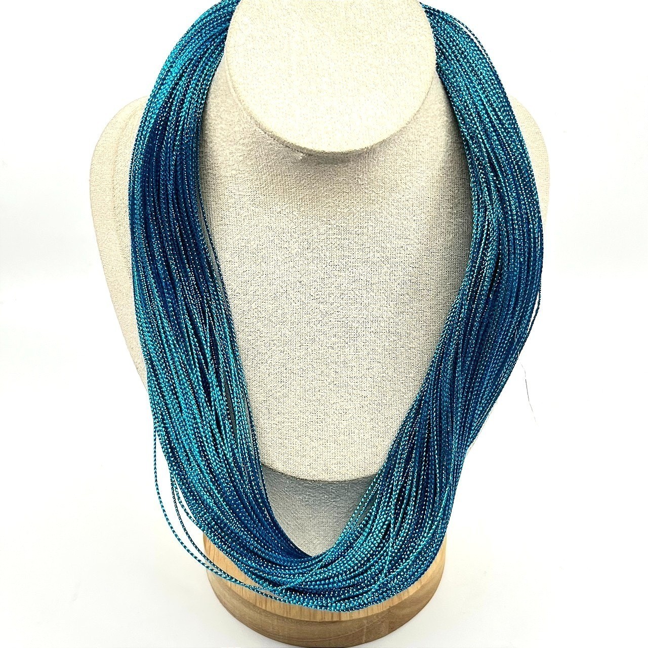 Vintage Retro Multi-Strand Blue Silk Thread Shimmer Choker Necklace Teal Boho