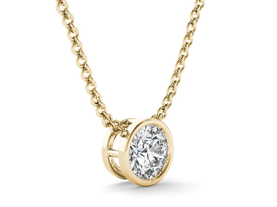 6.5mm Bezel Set Round Real Moissanite Solitaire Necklace 14K Yellow Gold Plated