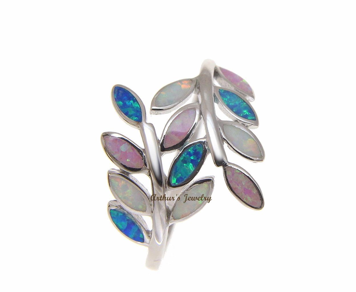 BLUE WHITE PINK TRICOLOR INLAY OPAL RING HAWAIIAN MAILE LEAF 925 STERLING SILVER