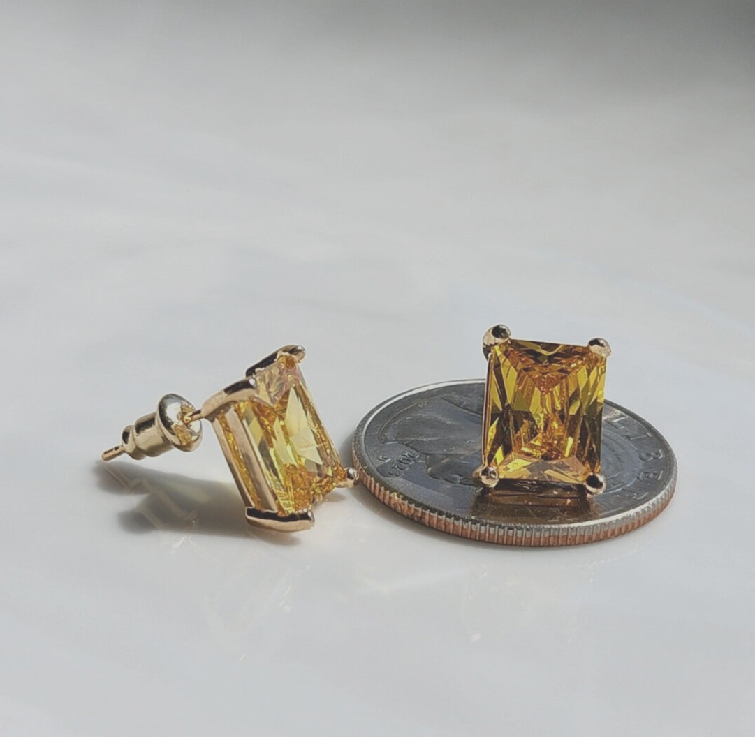 8CT Yellow Citrine Rectangle Stud Earrings 14k Yellow Gold Plated in 925 Sliver