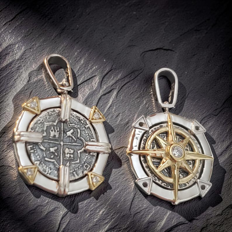 Atocha Compass Reversible Pendant 14k Gold Overlay White Topaz Certificate