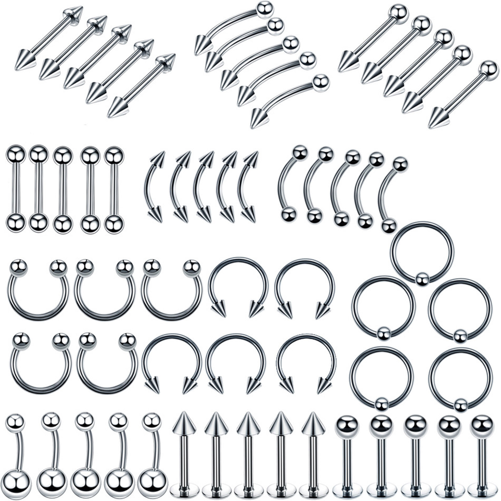 14G 16G Mixed Body Piercing Kit 20-60PCS Nose Ring Navel Belly Lip Eyebrow Studs