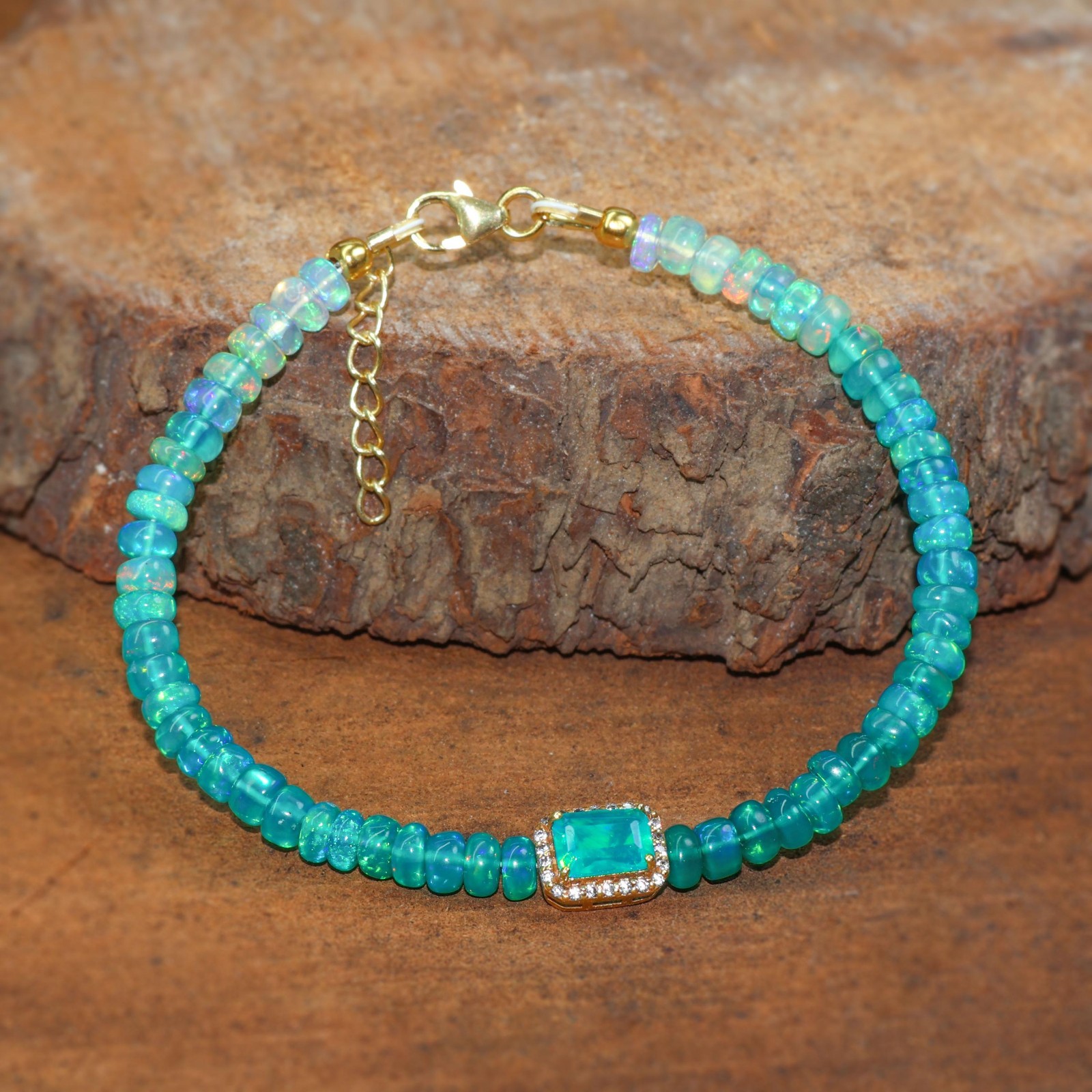 Green Opal Charm Bracelet, Gold Filled, October Birthstone