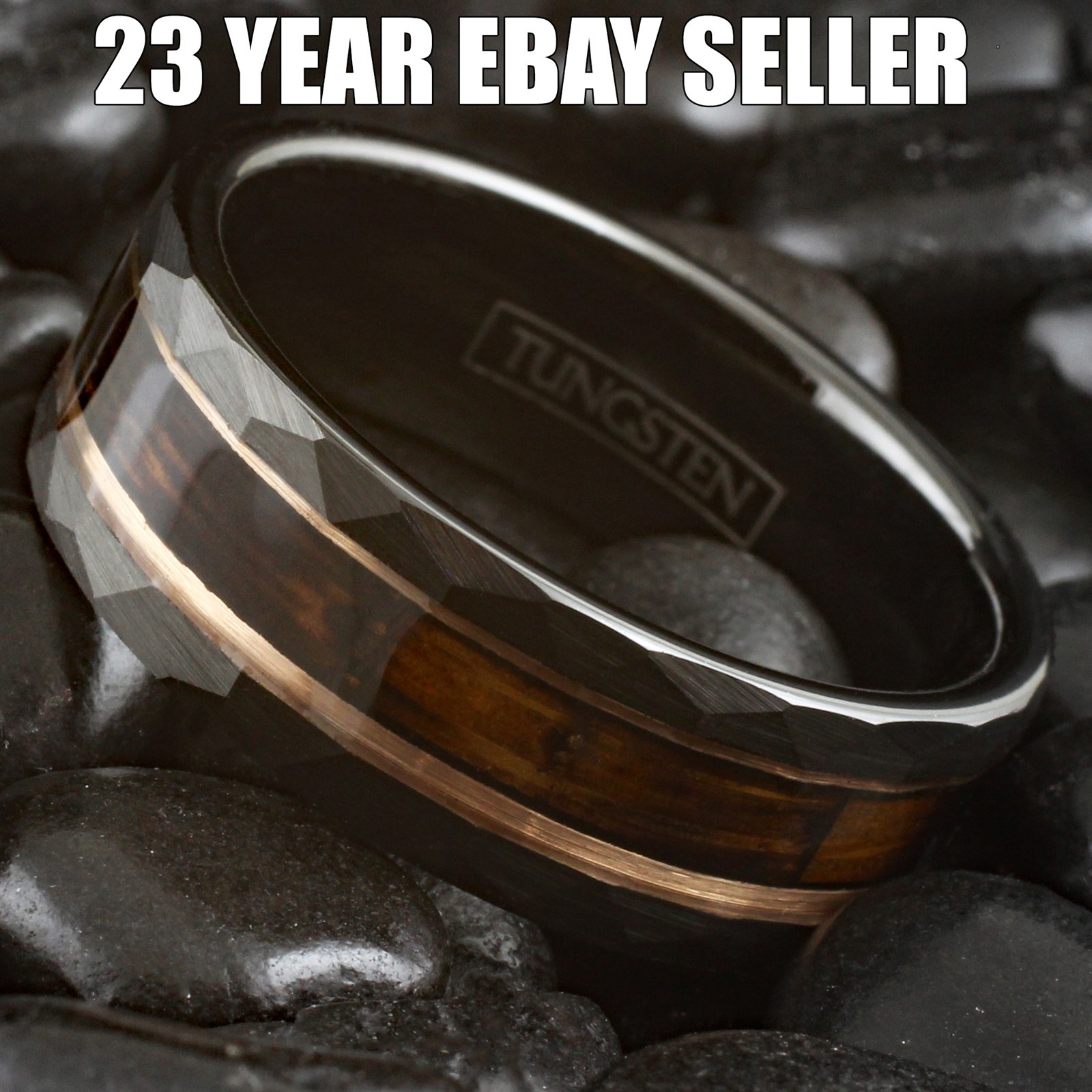 Black Tungsten Men’s Ring Charred Whiskey Barrel Rose Gold Plated Wedding Band