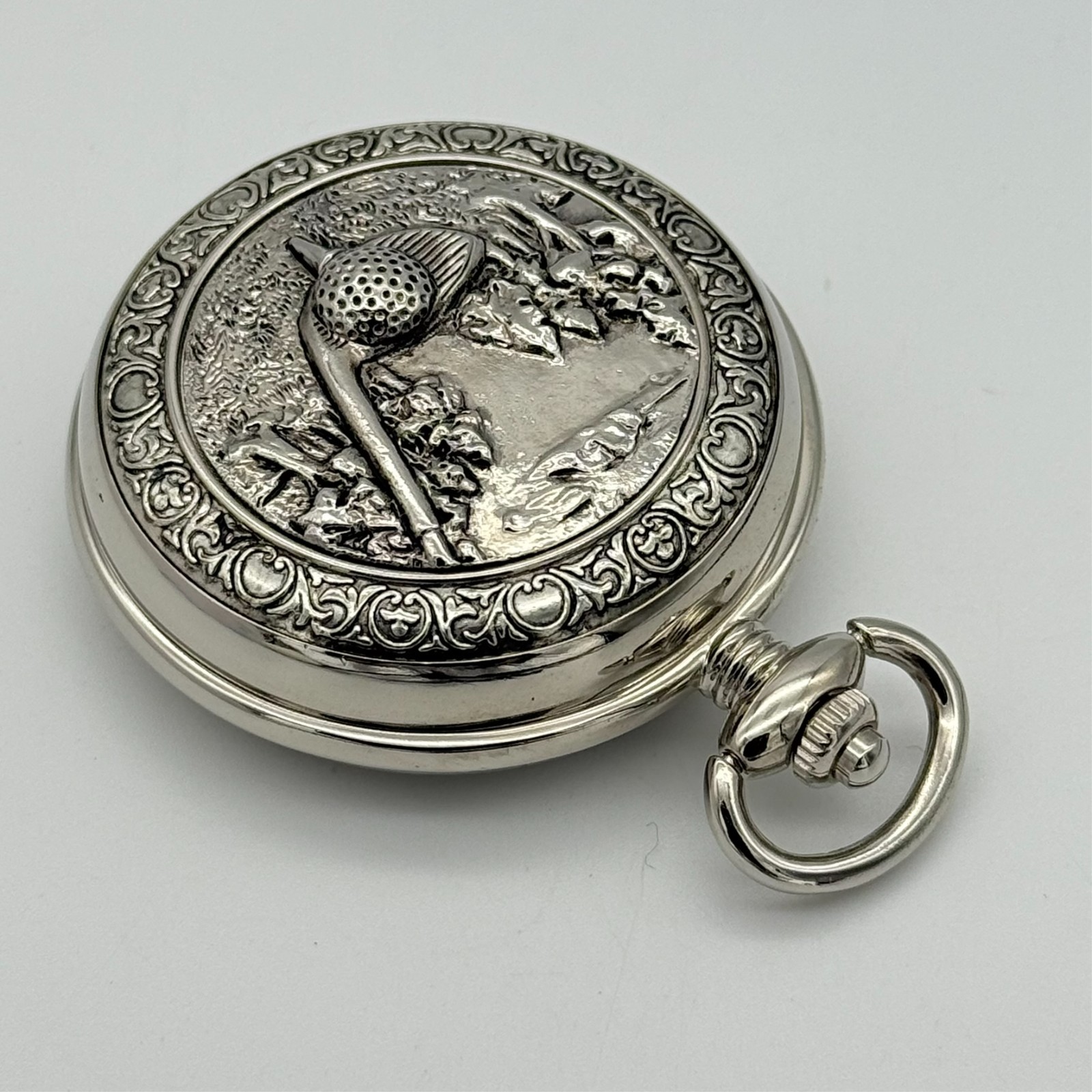 Modern Glossy Silver Tone Golf Themed Heavy Quartz Pocket Watch, 51mm White Dial