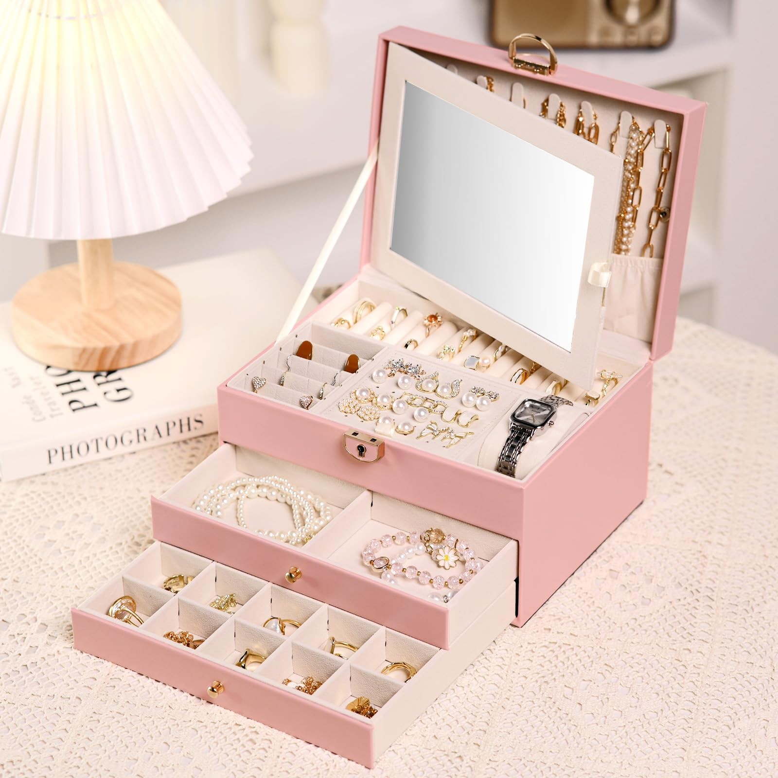 Emazerom 3 Layer Jewelry Boxes Large Holder Organizer Case with Pink