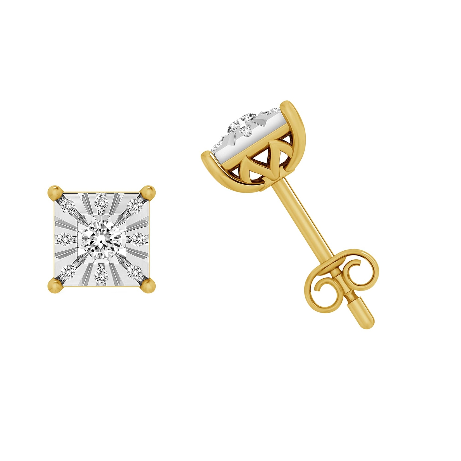 1/10 Carat Natural Round Cut Diamond Stud Earrings in Yellow Gold Plated Silver
