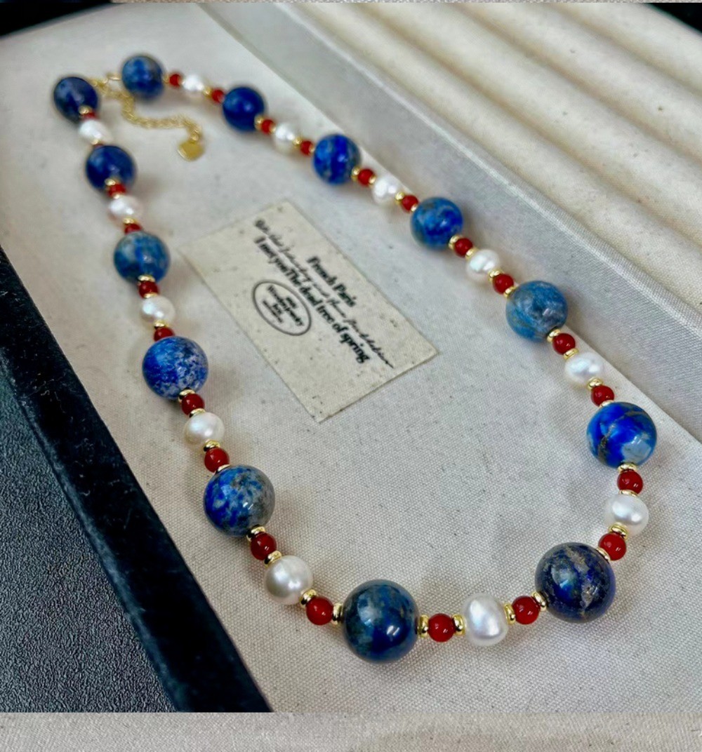 New Beautiful 10mm Lapis Lazuli Red Jade White Pearl Gemstone Necklace 16-36in