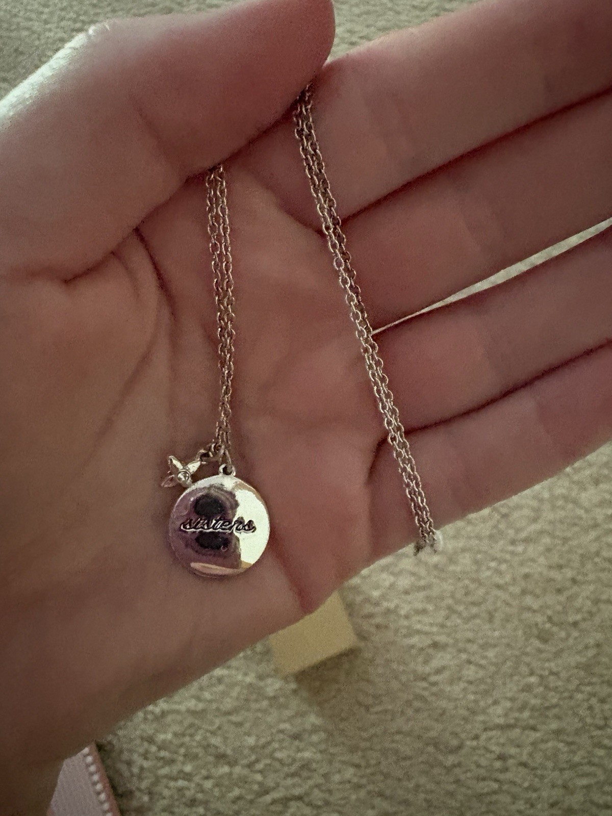 Sisters Silver Tone Round Disc Charm Pendant Necklace Clear Crystal Adjustable