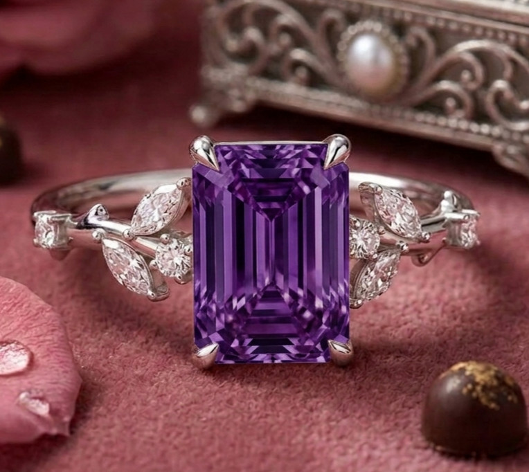 4.40 Ct Certified Emerald Cut Purple Natural Diamond Ring VVS1 White Gold Finish