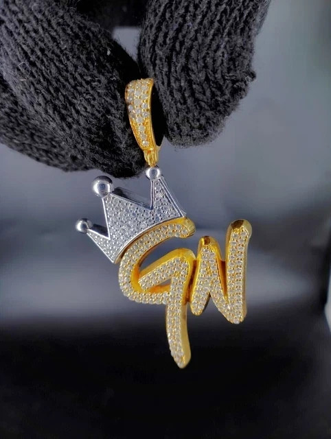 14k Yellow Gold Plated Custom Initial GN Letter Crown Pendant 2.00Ct Moissanite