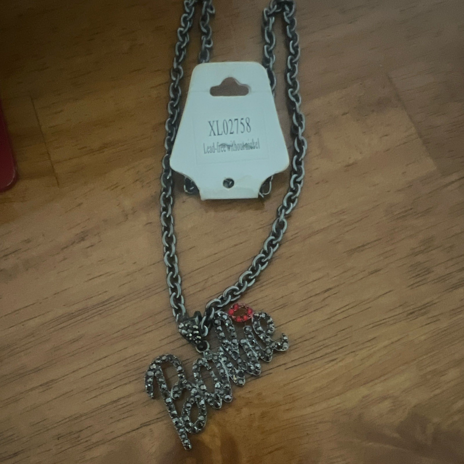Barbie Name Pendant Necklace Silver Tone Red & Clear Rhinestone Cable Chain