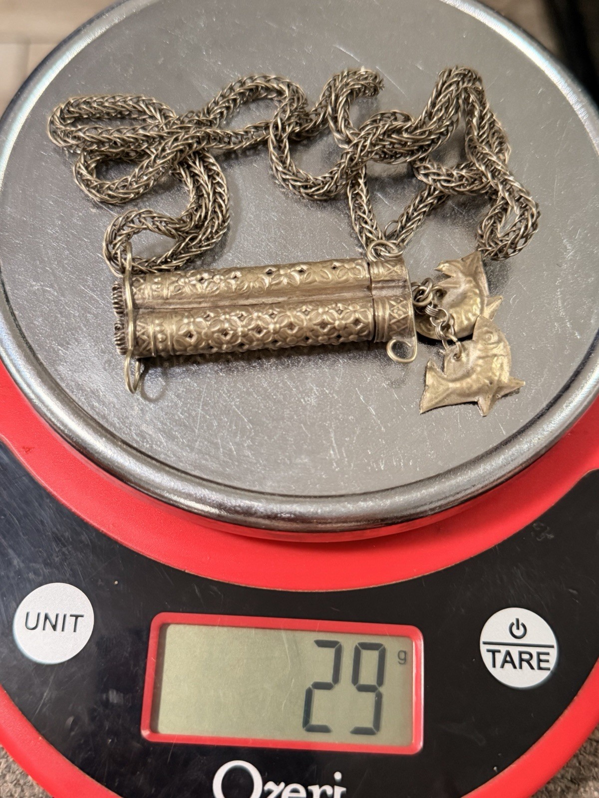 Vintage Tibetan Double Prayer Scroll Tube Necklace Fish Charms Pendant 29g Rare