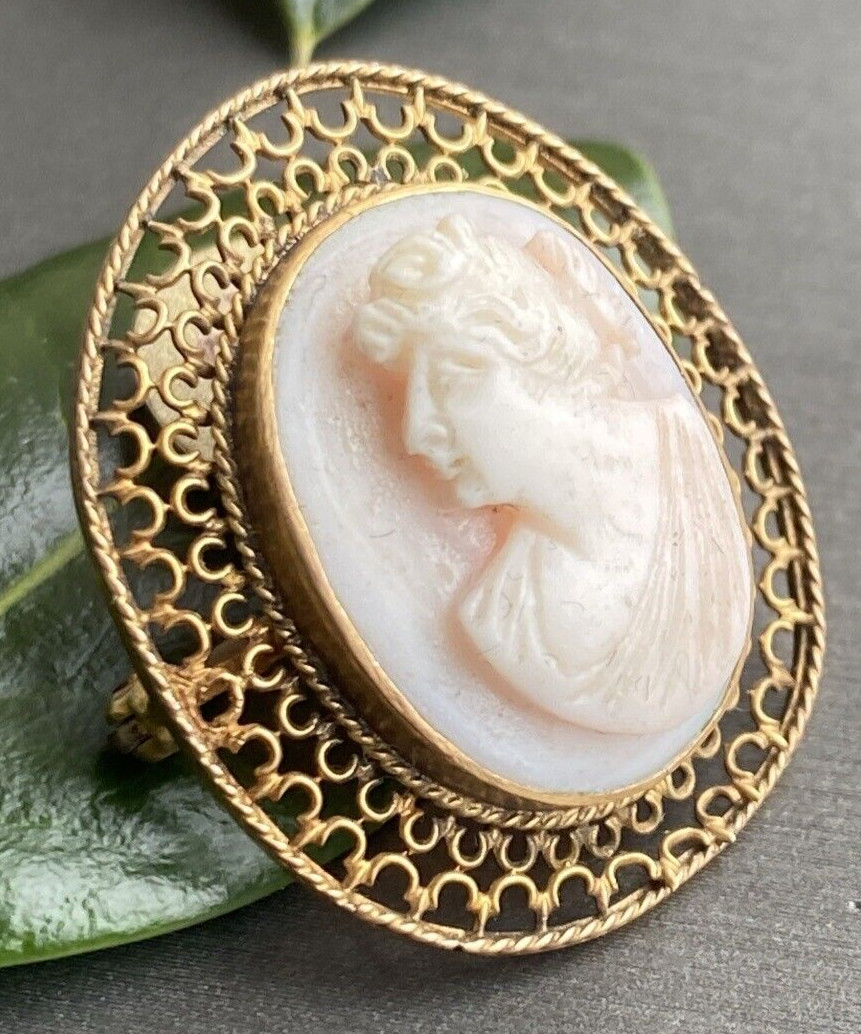 14K Yellow Gold Coral Cameo Brooch Antique Goddess Beauty Profile Fine Jewelry