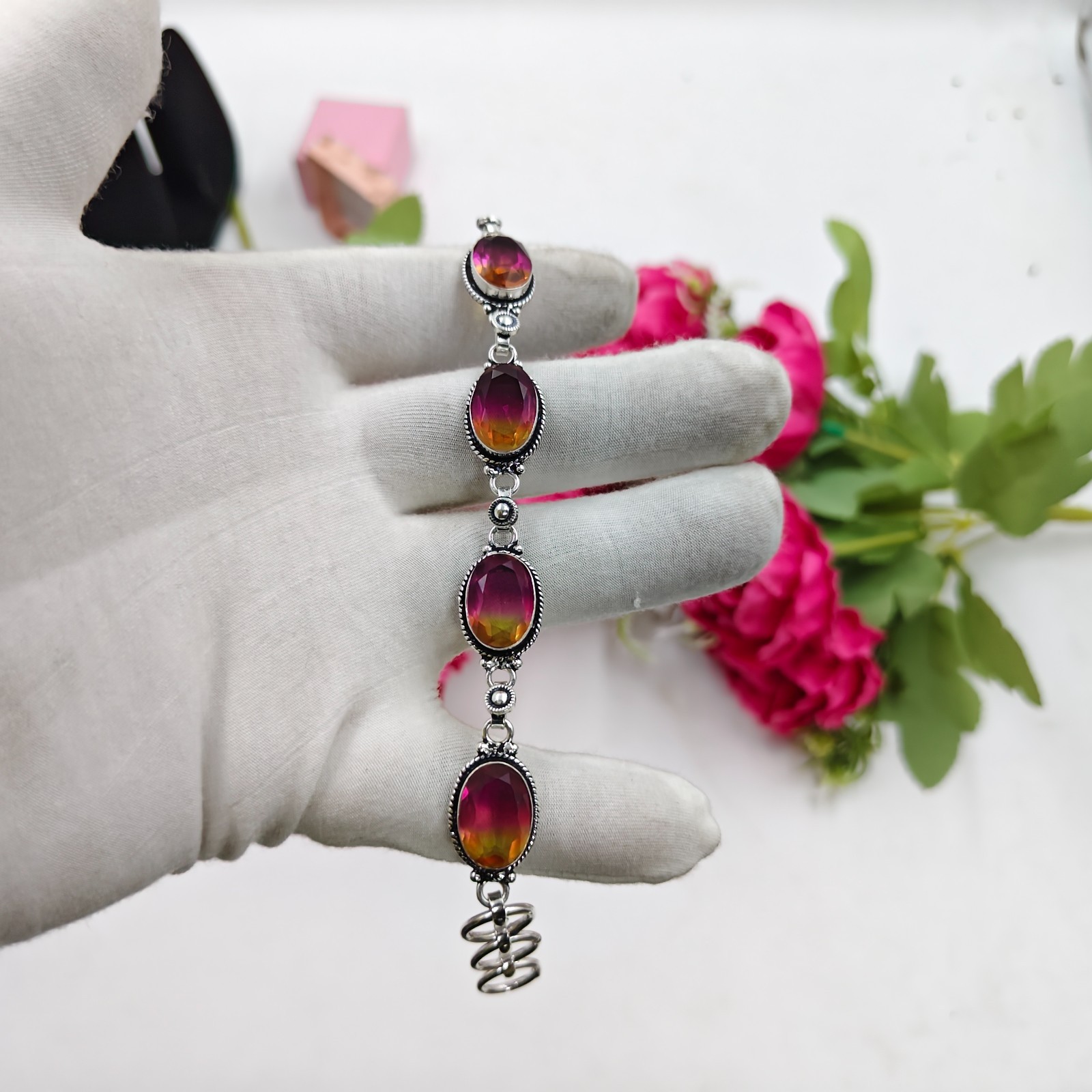 Multi Color Tourmaline Gemstone 925 Sterling Silver Jewelry Bracelet Size 7-8″