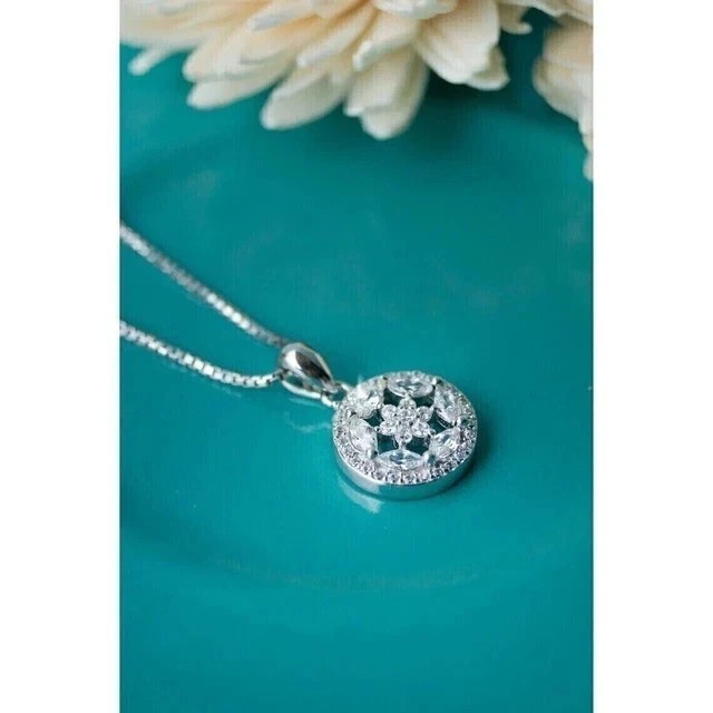 Fancy Flower Shape Pendant 2Ct Round Cut Simulated Diamond 14K White Gold Plated