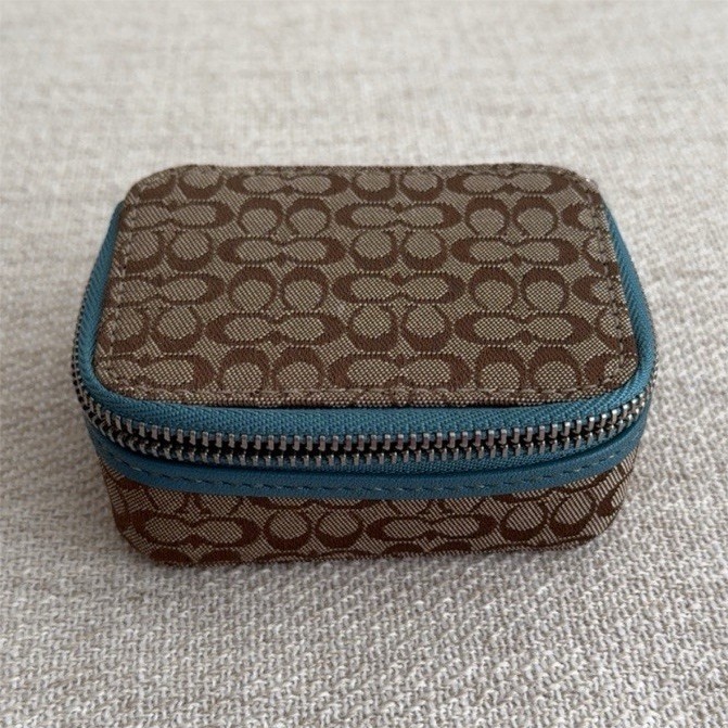 Coach Logo Leather Zip Jewellery Box Case Brown/Blue Trim Lined Fabric