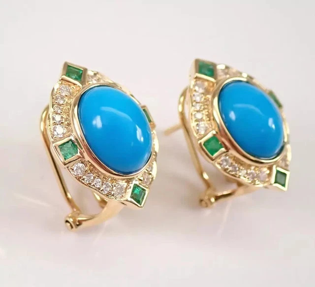Natural Turquoise 4.0Ct Oval Cut Halo Earrings Omega Clip 14K Yellow Gold Plated