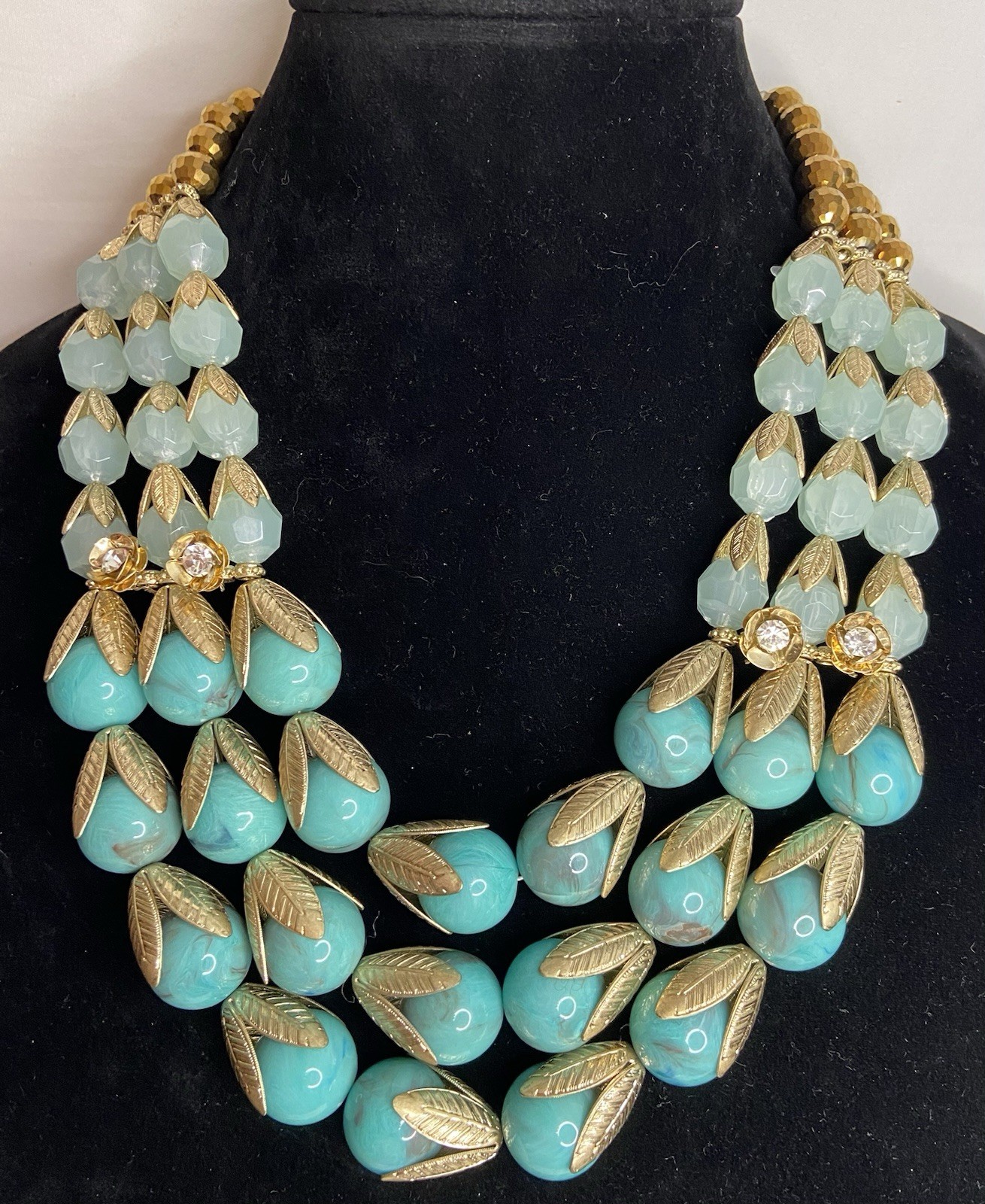 Lydell NYC Necklace Multi Strand Faux Turquoise Beads W/ Gold Tone Leaf Caps NWT
