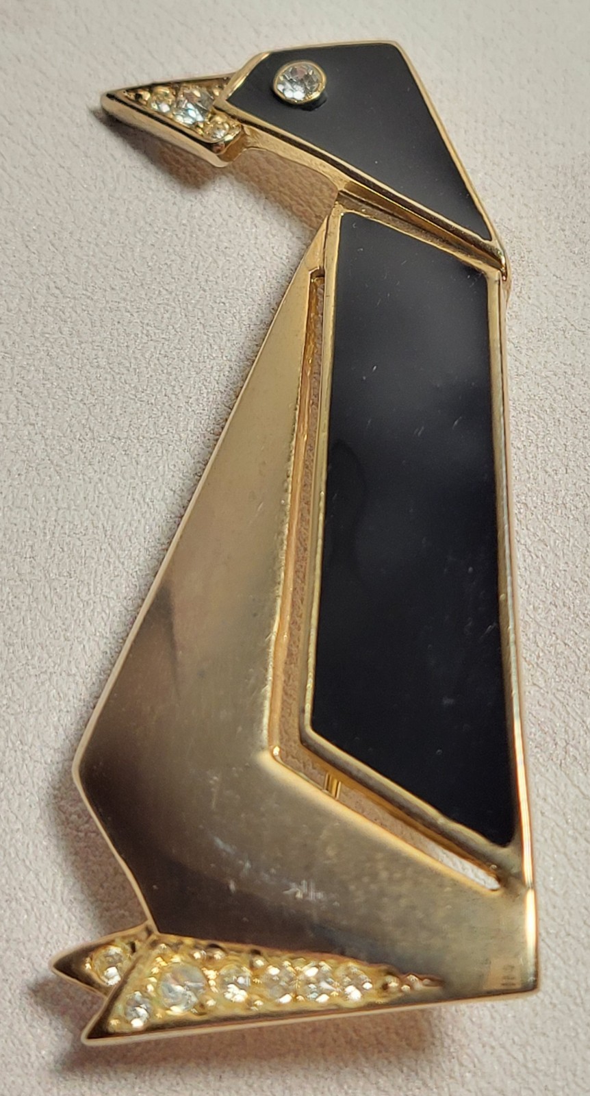 Geometric Penguin Brooch Pin Black Enamel Gold-Tone Rhinestone Vintage No Mark