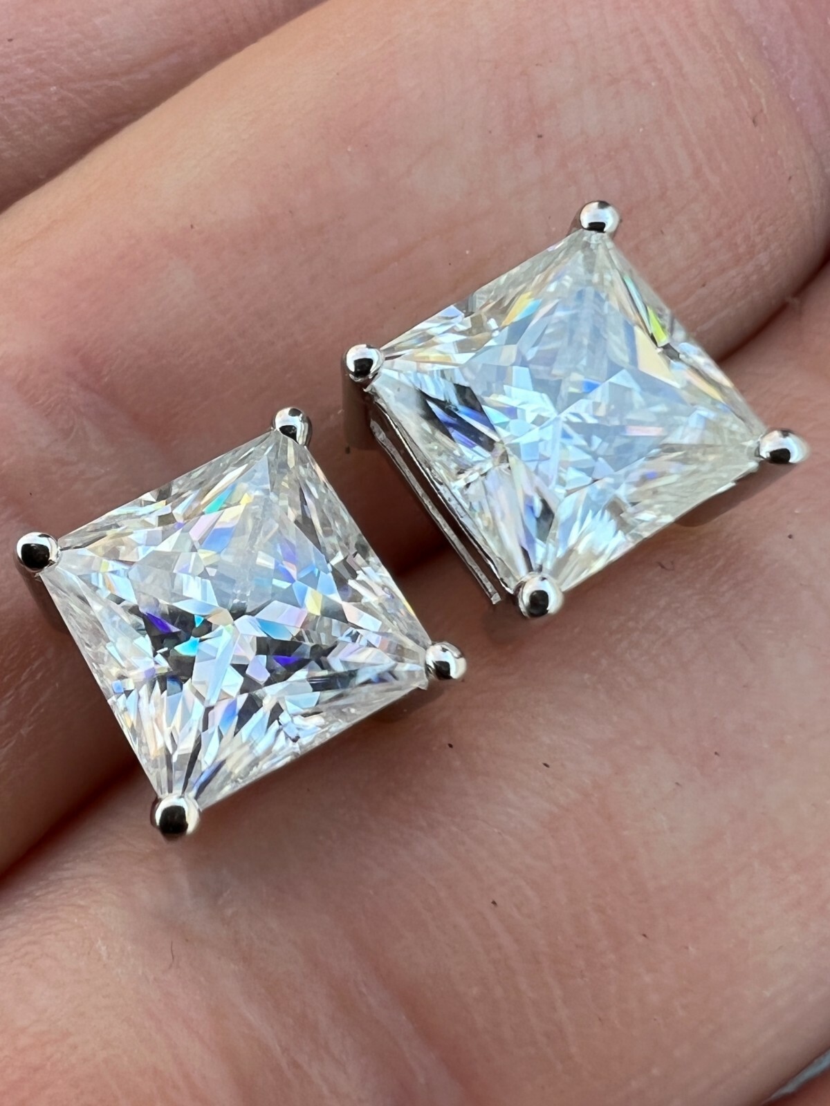 Real MOISSANITE Square Princess Stud Earrings Unisex 925 Silver Passes Tester