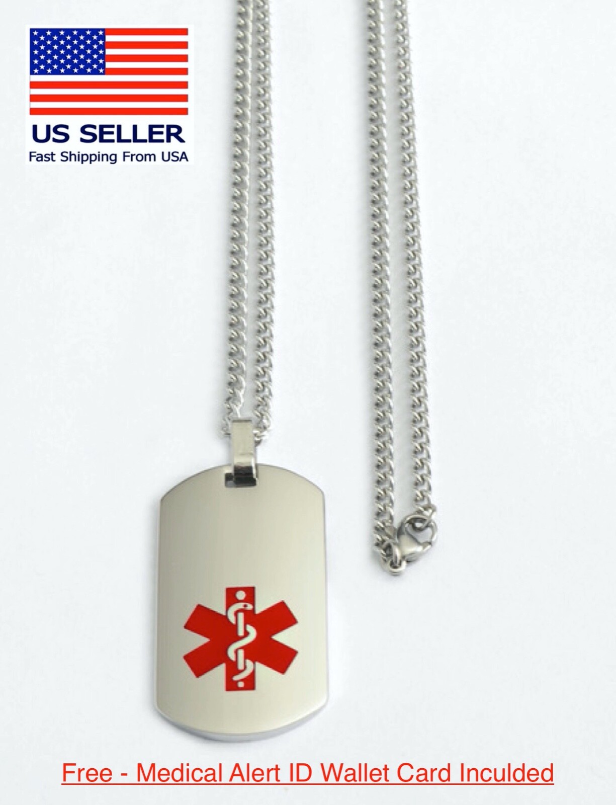 Medical Alert ID Necklace – FREE ENGRAVING / WALLET CARD & Ship -Dog Tag -USA