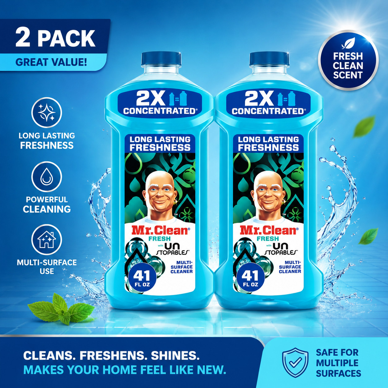 Mr. Clean 2X Concentrated Multi Surface Cleaner with 41 Fl Oz (Pack of 2)