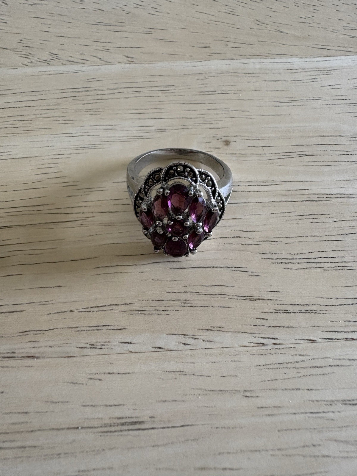 Silver Tone Cluster Cocktail Ring Purple Marquise-Cut Stones Size 9 Pre-Owned