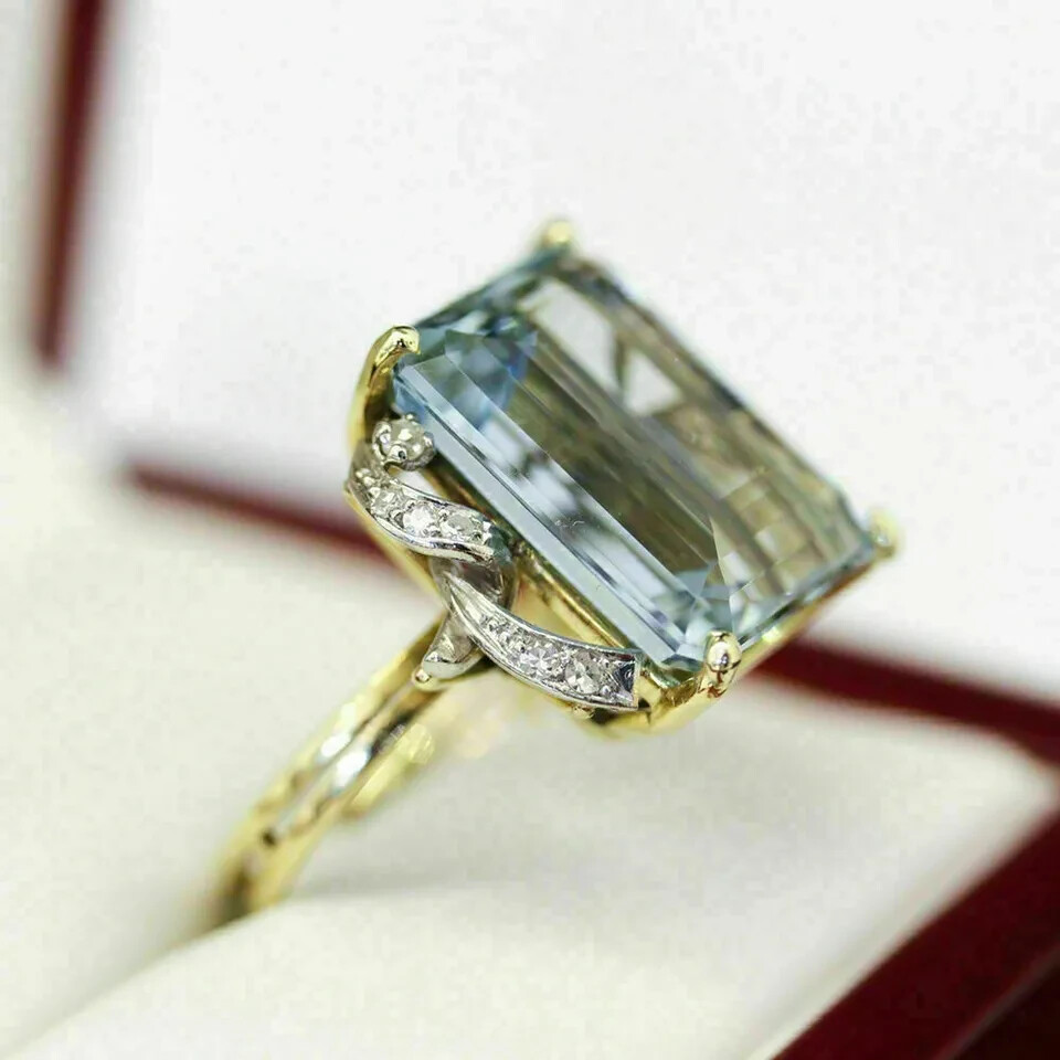 4.50Ct Emerald Cut Aquamarine Engagement Solitaire Ring 14K Yellow Gold Finish