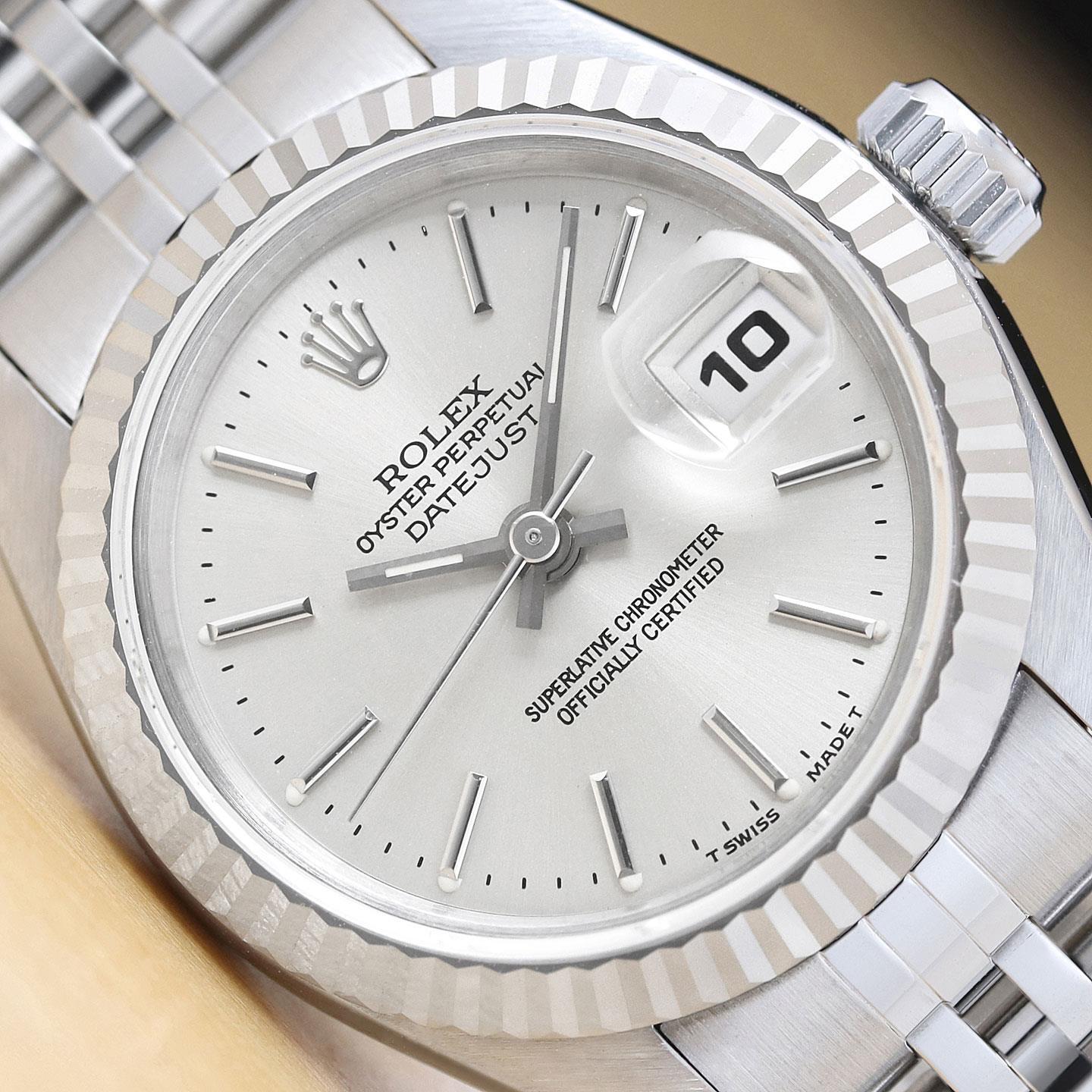 ROLEX LADIES DATEJUST 69174 NO HOLES SILVER 18K WHITE GOLD STAINLESS STEEL WATCH