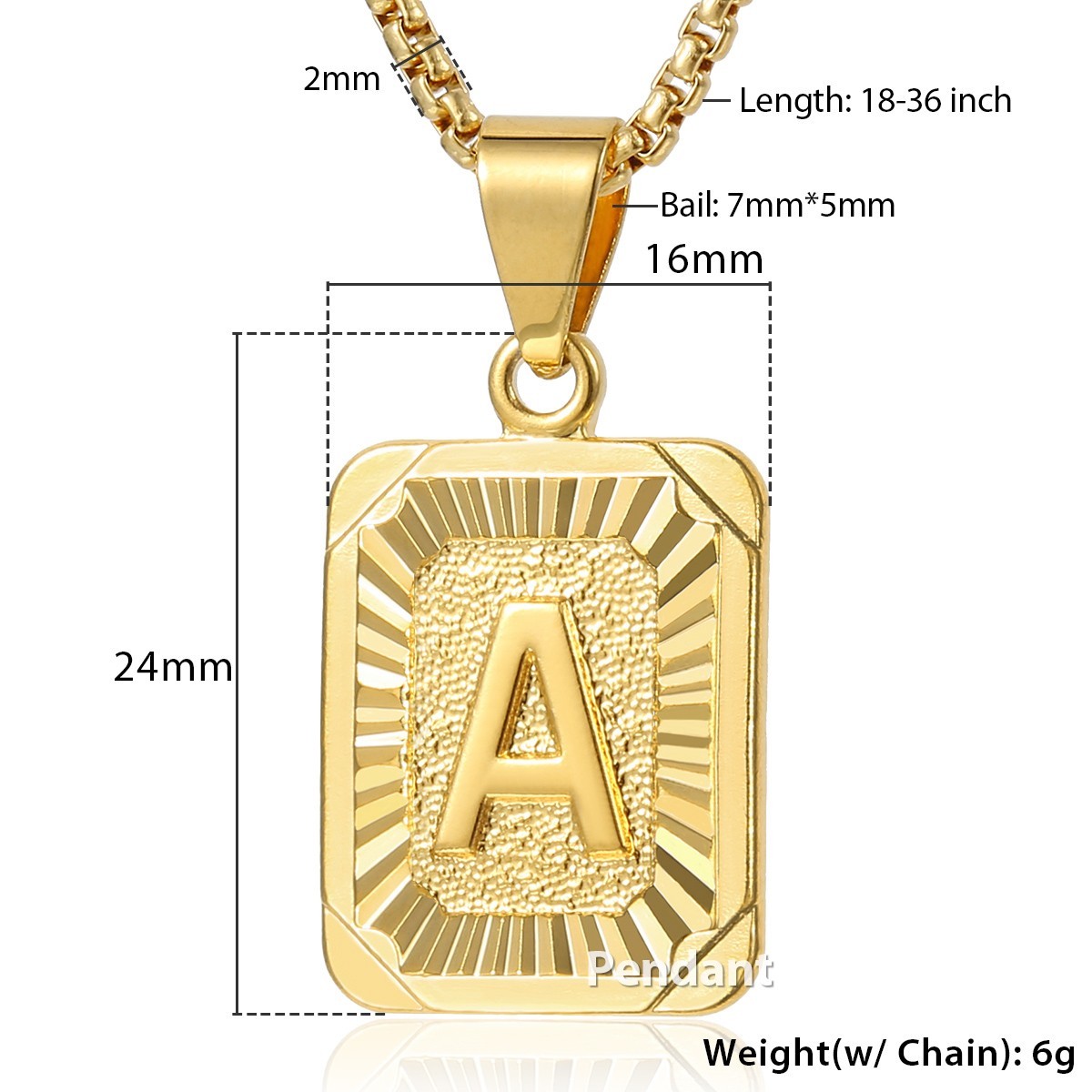 Yellow Gold Plated Stainless Steel Initial Letter A-Z Pendant Necklace Box Chain