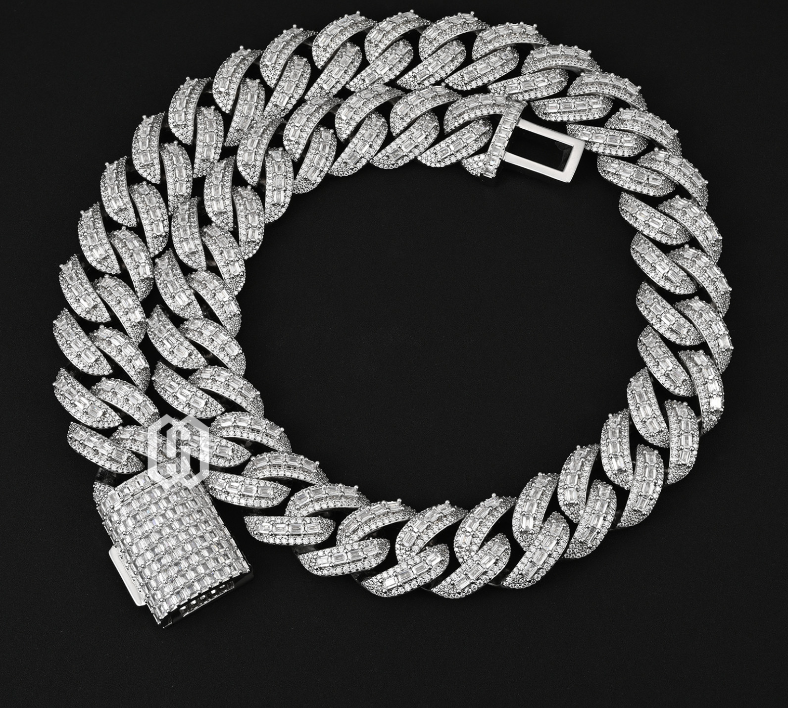 20MM Silver Plated, VVS Moissanite Baguette Cut Raised Pointer Cuban Link Chain