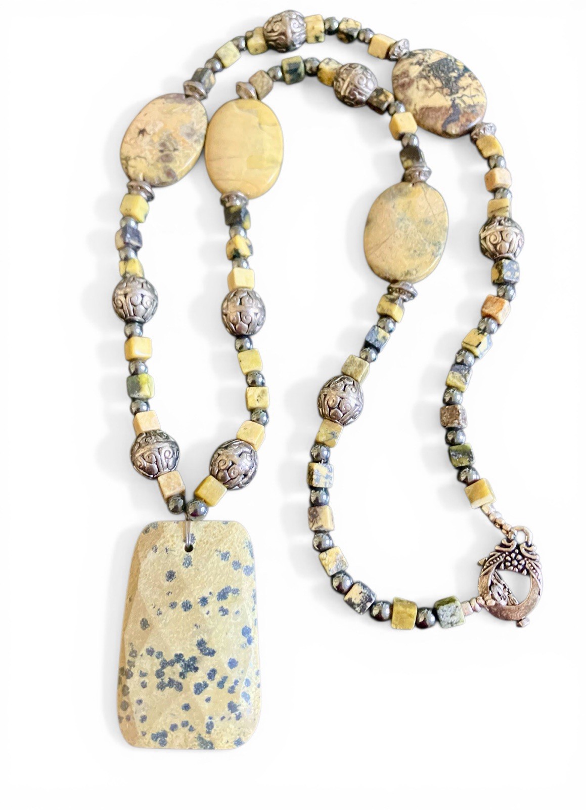 Chunky Beaded Picture Dalmatian Jasper Handmade Boho Southwest Necklace 22”