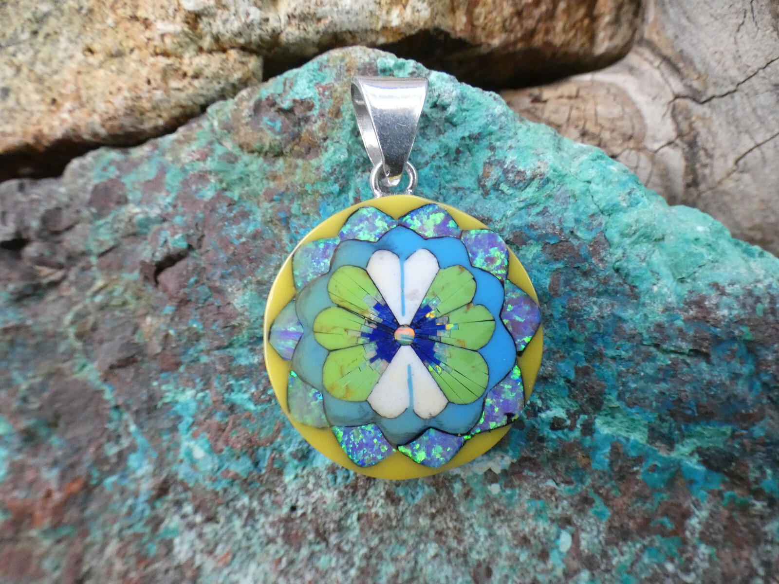 Gorgeous Pansy Flower Gemstone Opal Aluminum Sterling Silver Alloy Pendant AK83