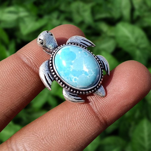 Elegant Larimar Gemstone Tortoise Pendant 925 Silver Plated Gift For Mom Jewelry