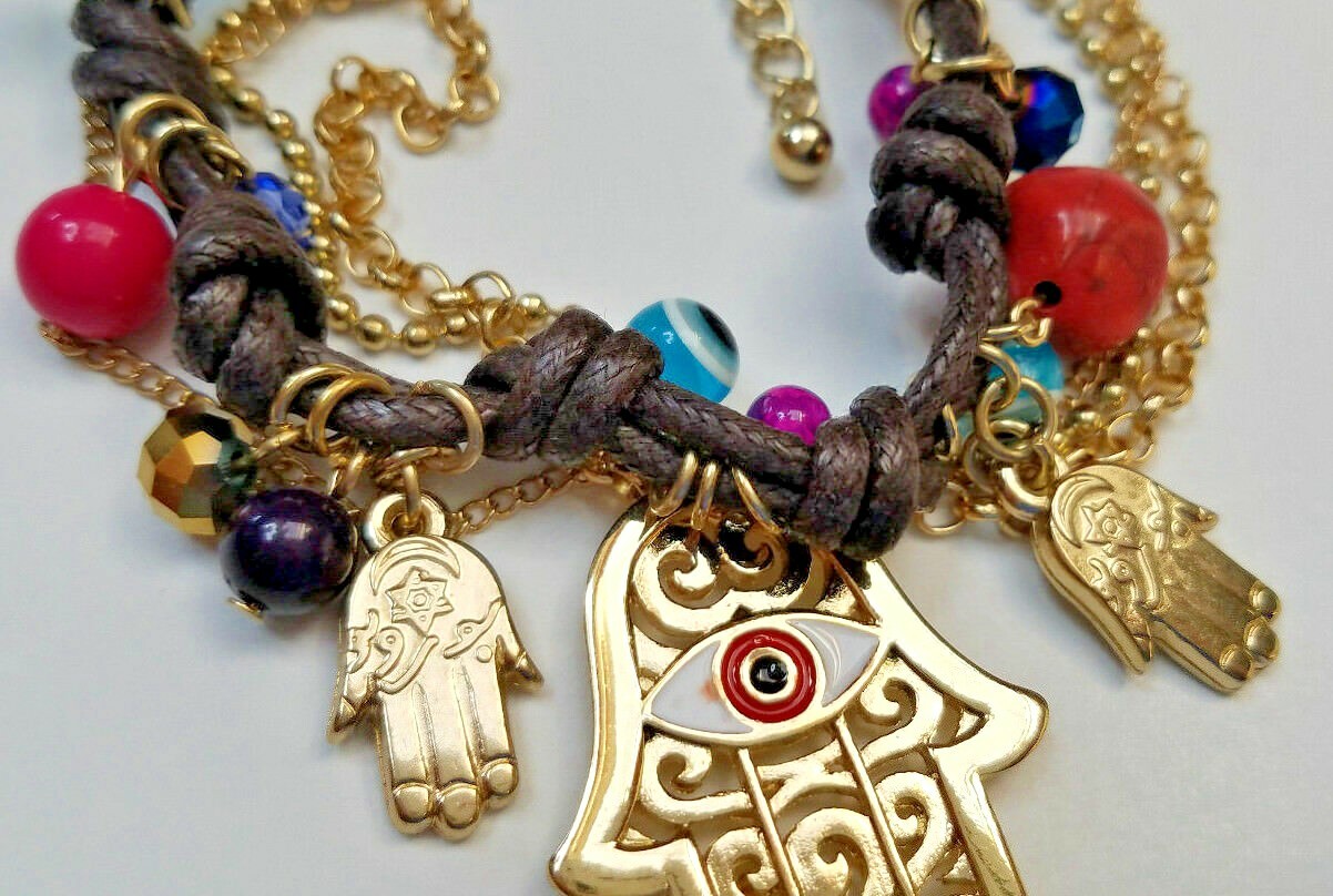GIRLY Good Luck Protection BIG HAMSA HAND EVIL EYE BEADS CHARM FASHION BRACELET