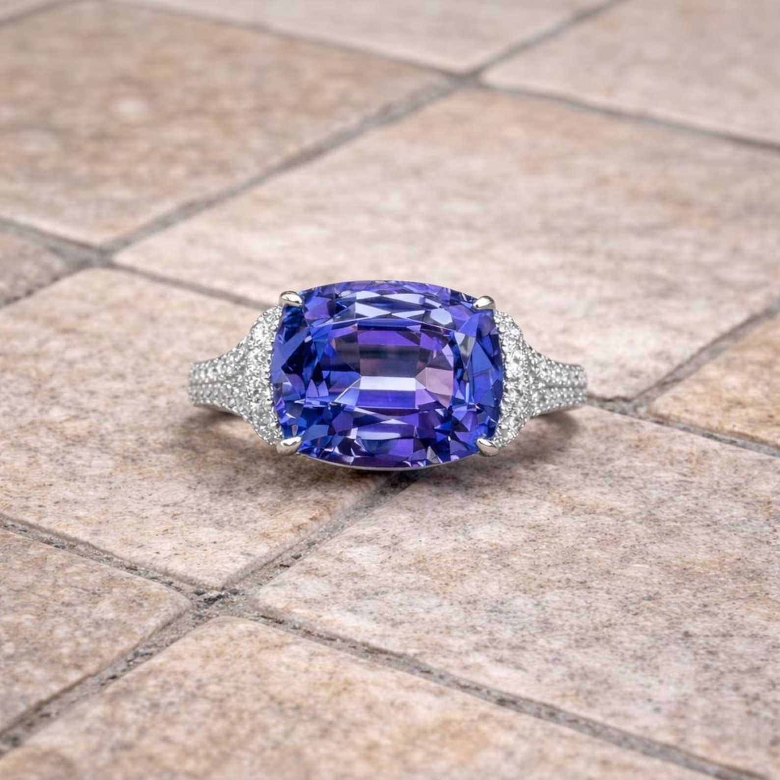 4.40 Ct Cushion Natural Sapphire Diamond Wedding Ring 14K Solid White Gold 6