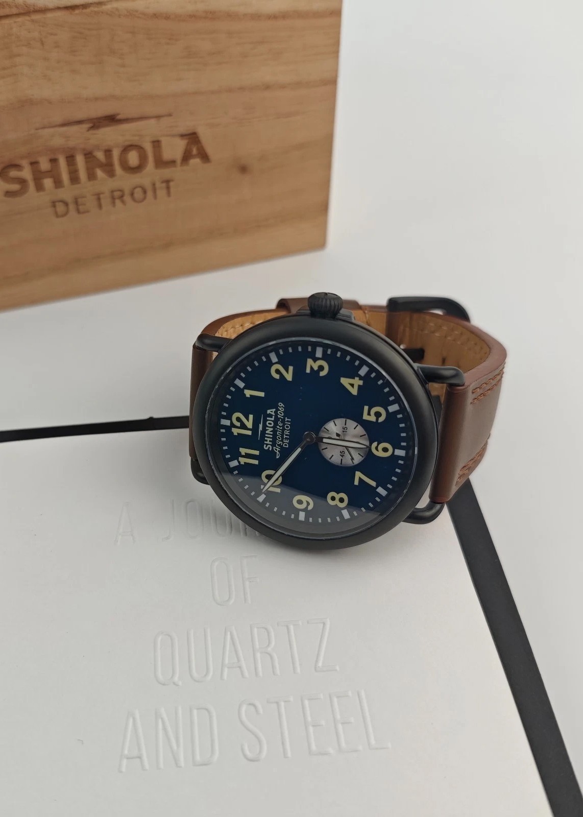 Shinola The Runwell Argonite 1069 Men’s 47mm Blue Dial Brown Strap Quartz Watch